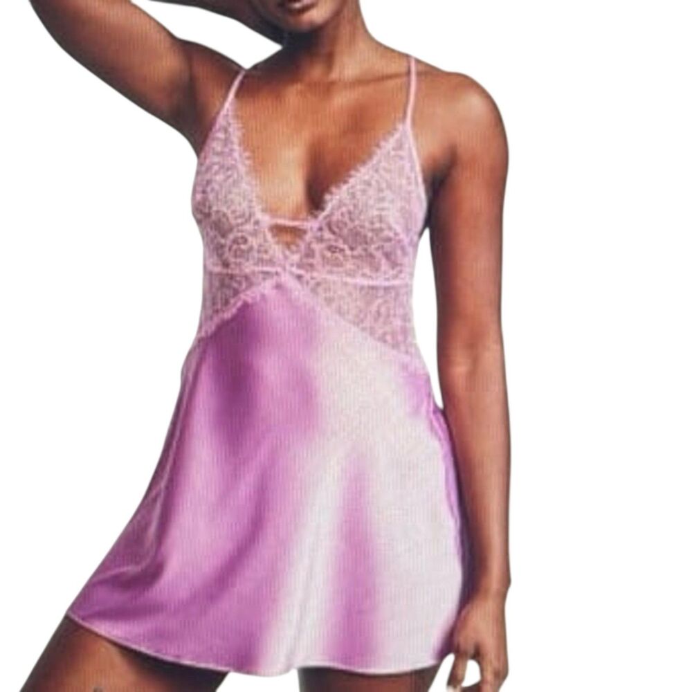 Victoria’s Secret Violet Lace Chemise Slip Gown Medium New Purple